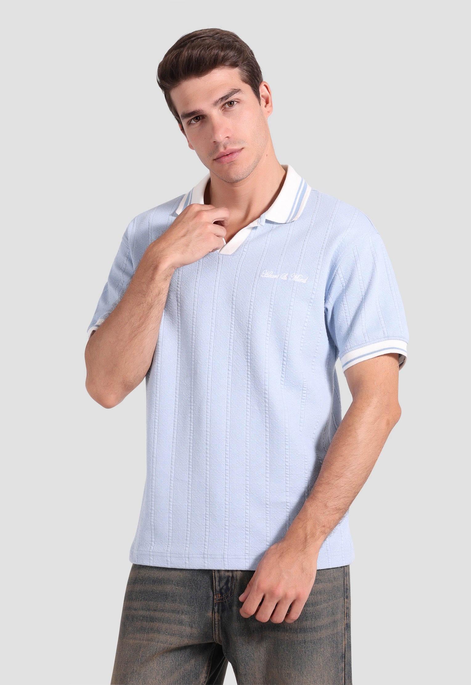 sky blue johnny collar polo shirt