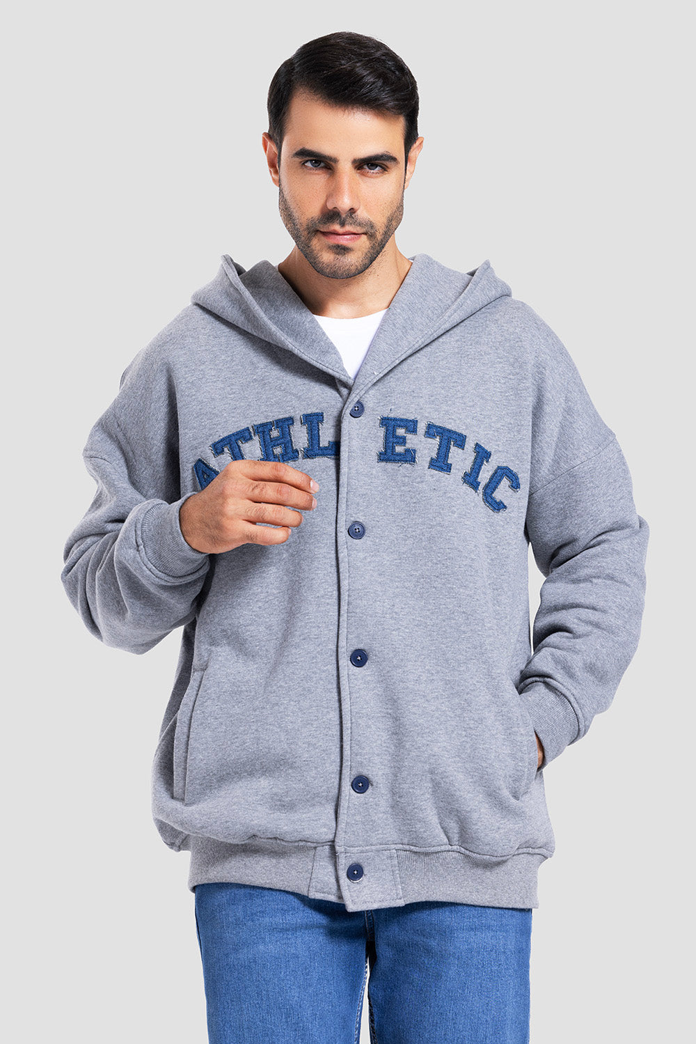 FULL BUTTON HOODED SWEATSHIRT