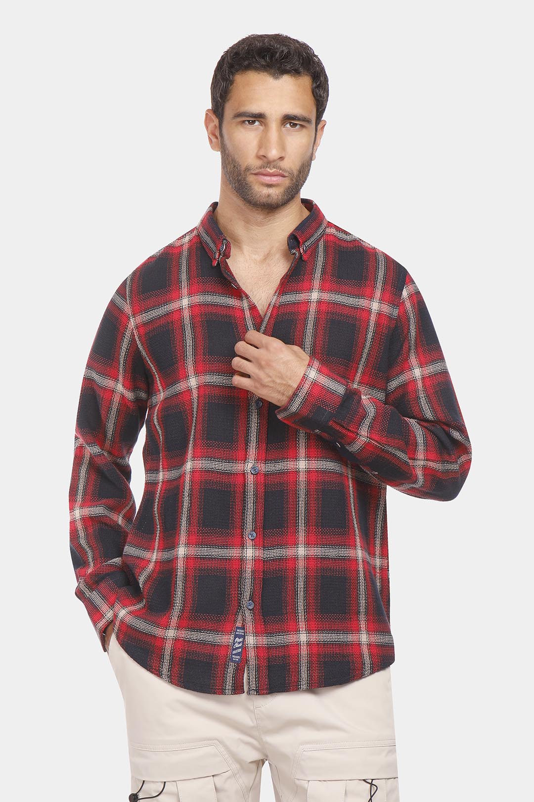 red checked slim fit shirt men