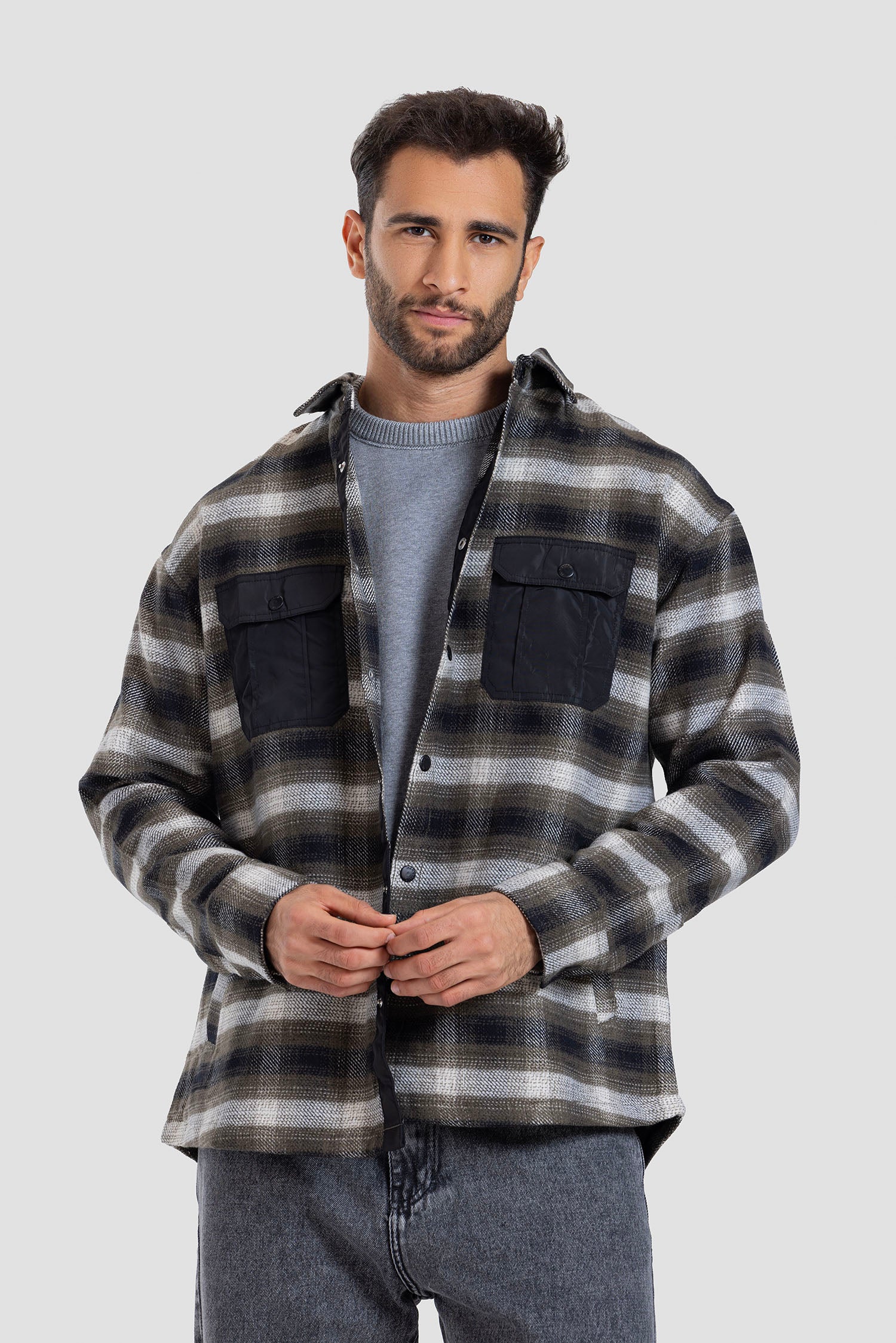 Navy Checked Over Size Shirt