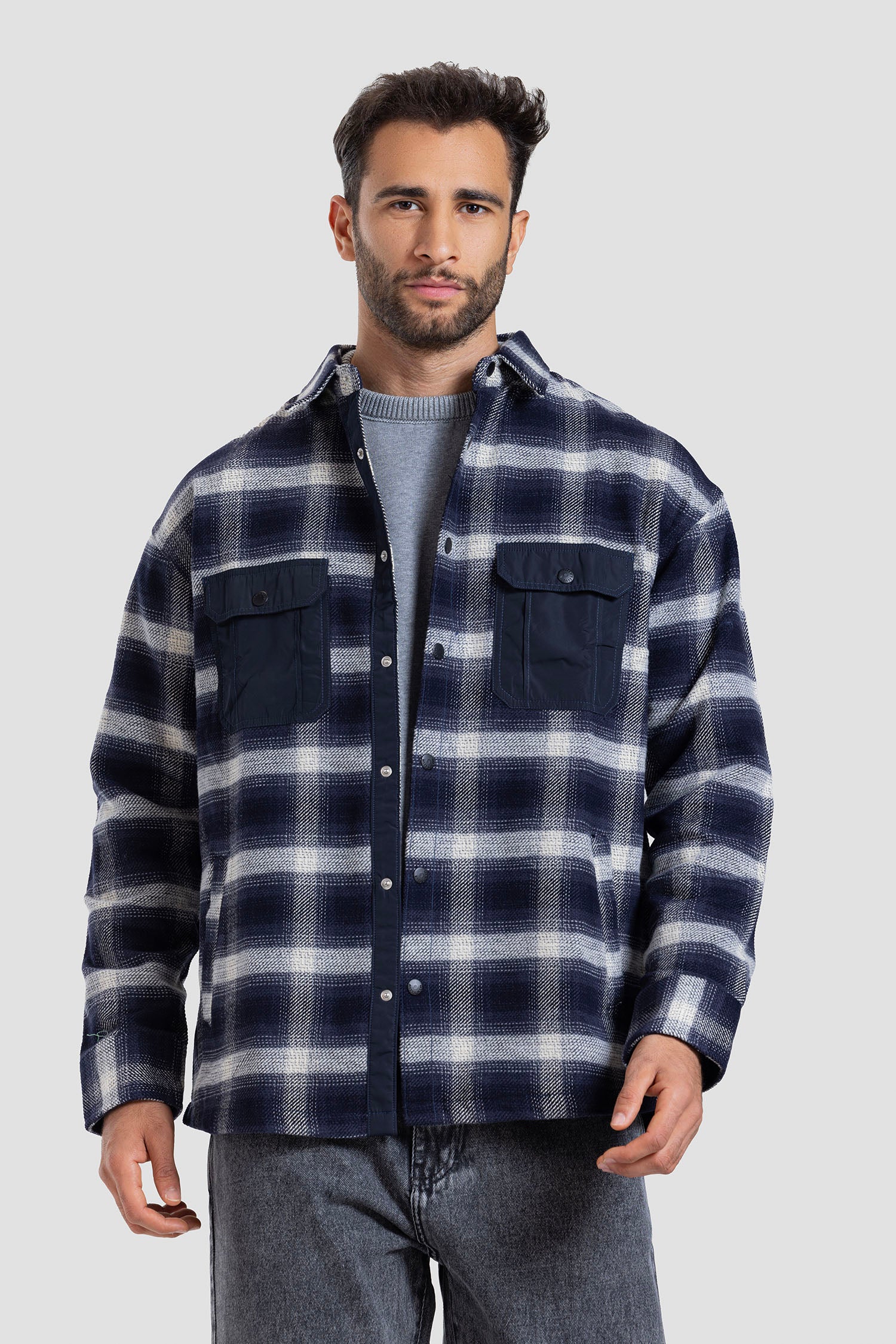 Navy Checked Over Size Shirt