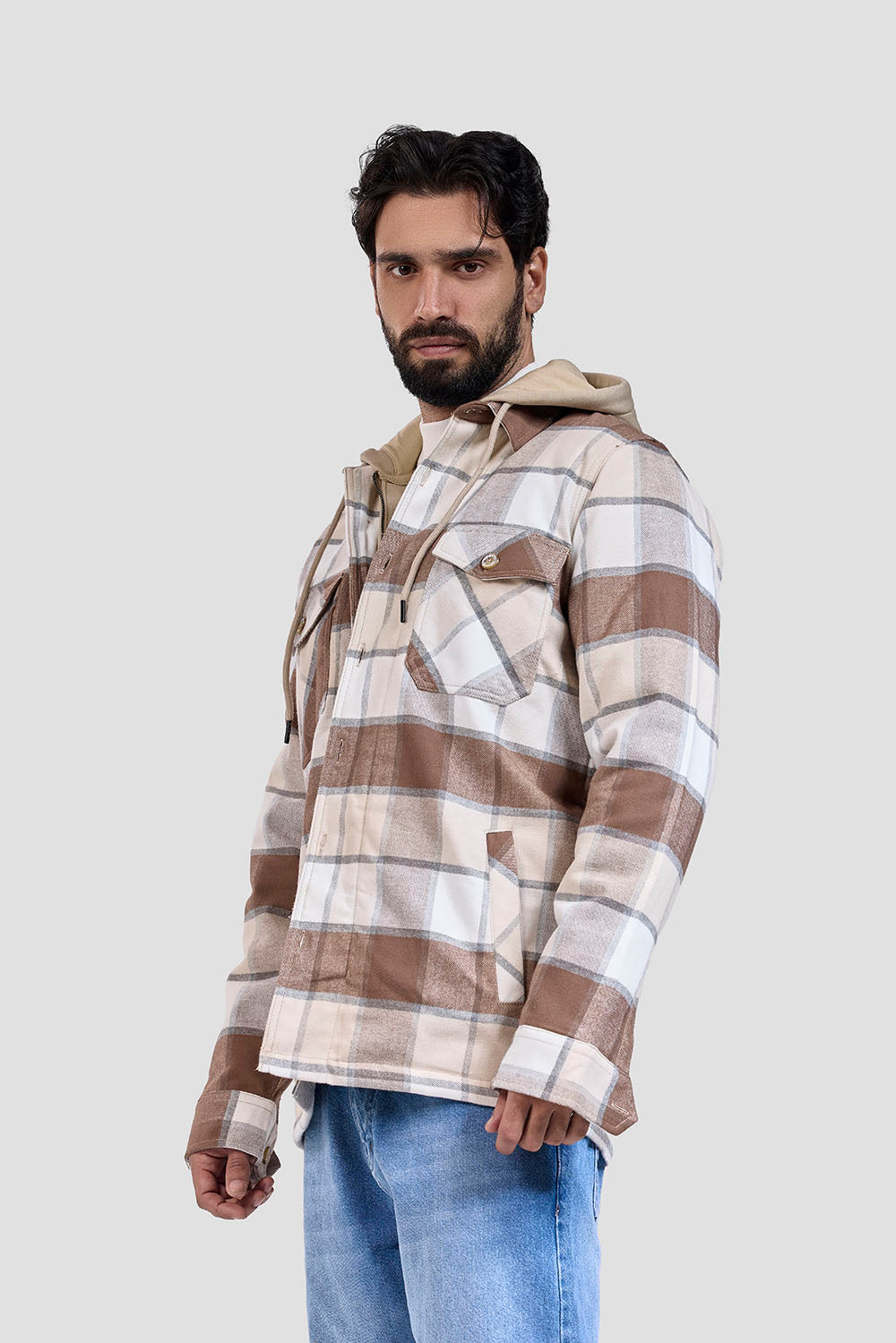Navy Checked Hoodie Overshirt