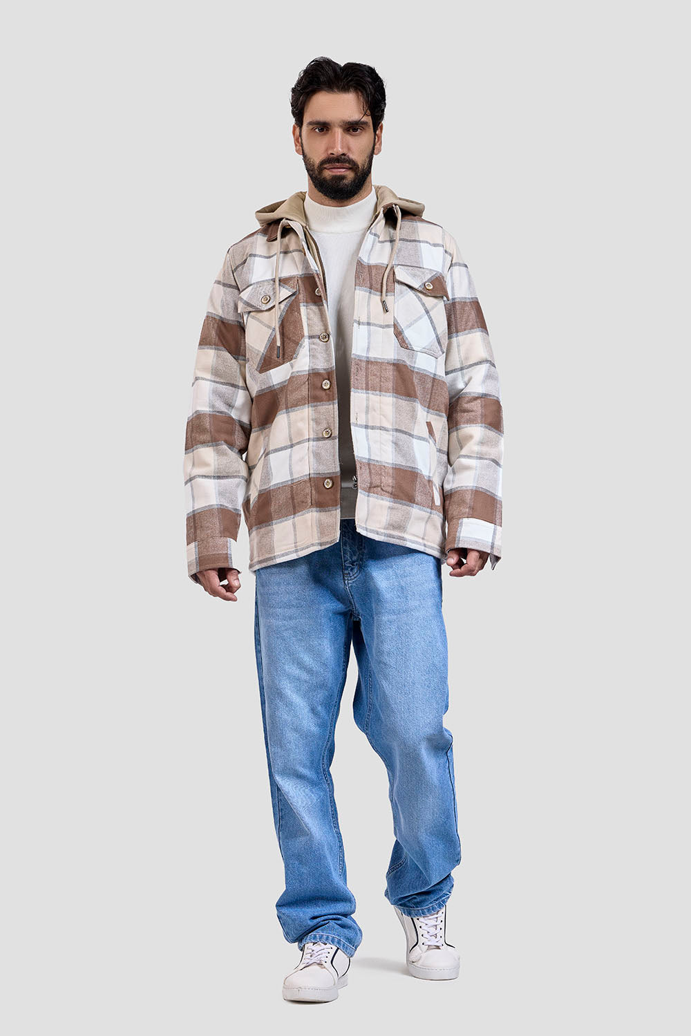 Navy Checked Hoodie Overshirt