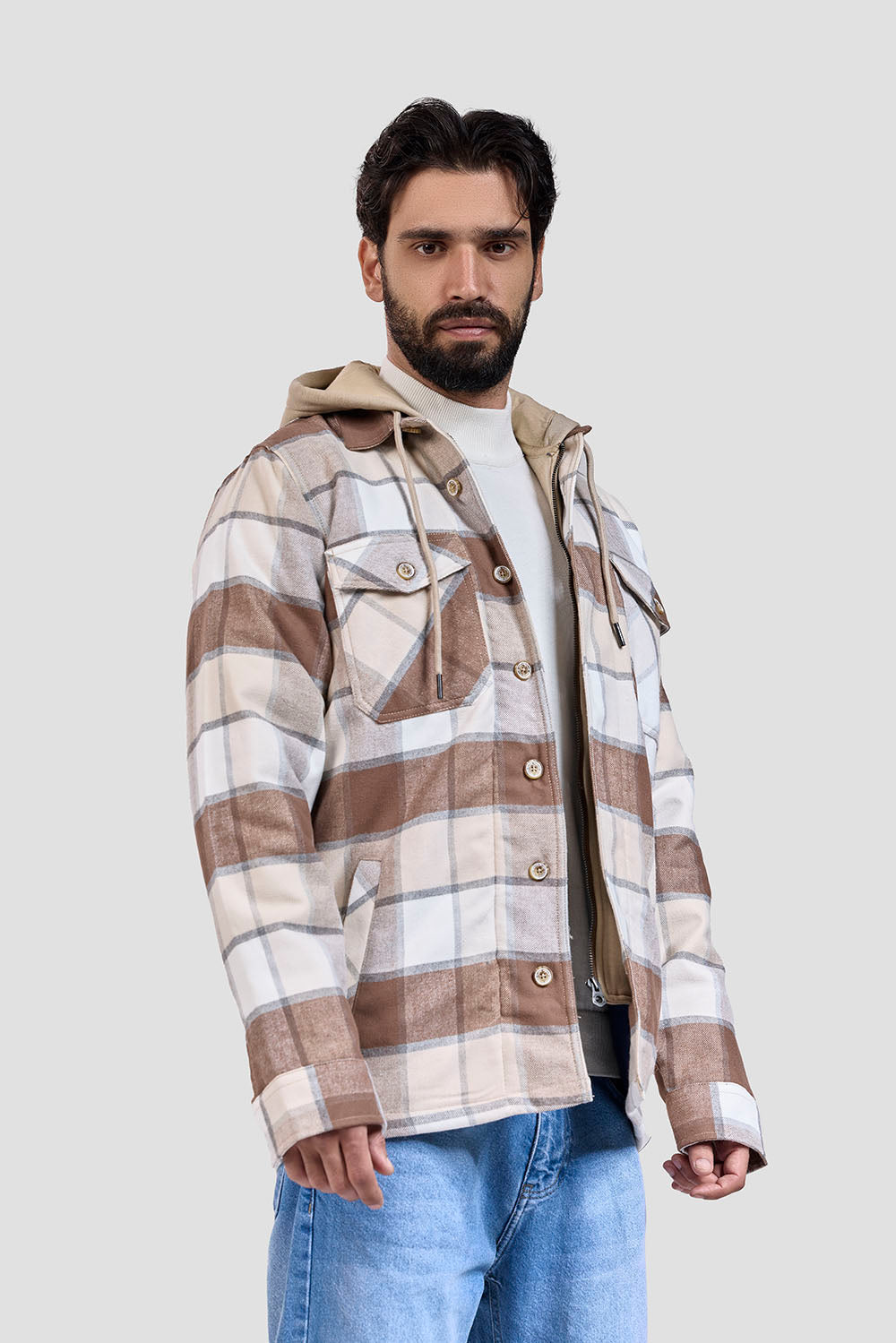 Navy Checked Hoodie Overshirt