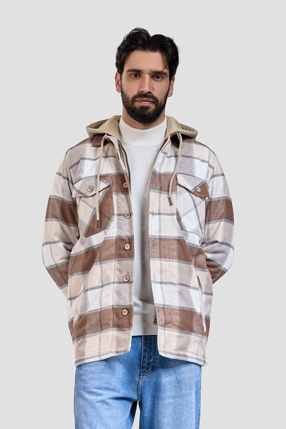 Navy Checked Hoodie Overshirt