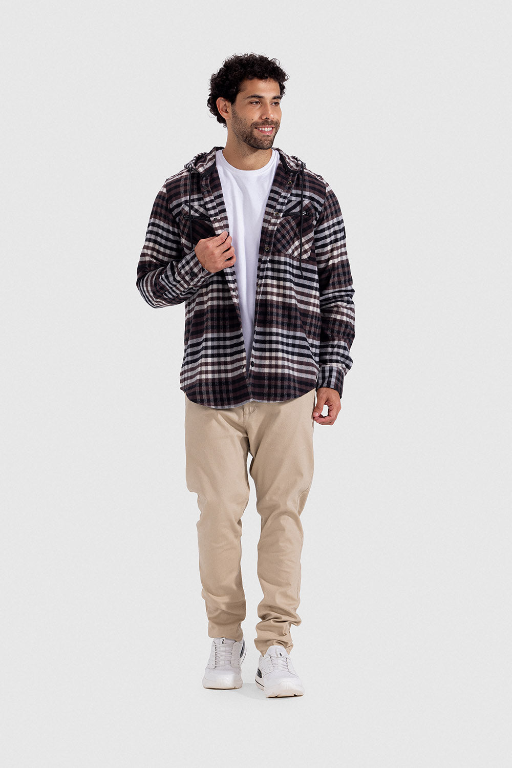 Brown Checked Hoodie Overshirt