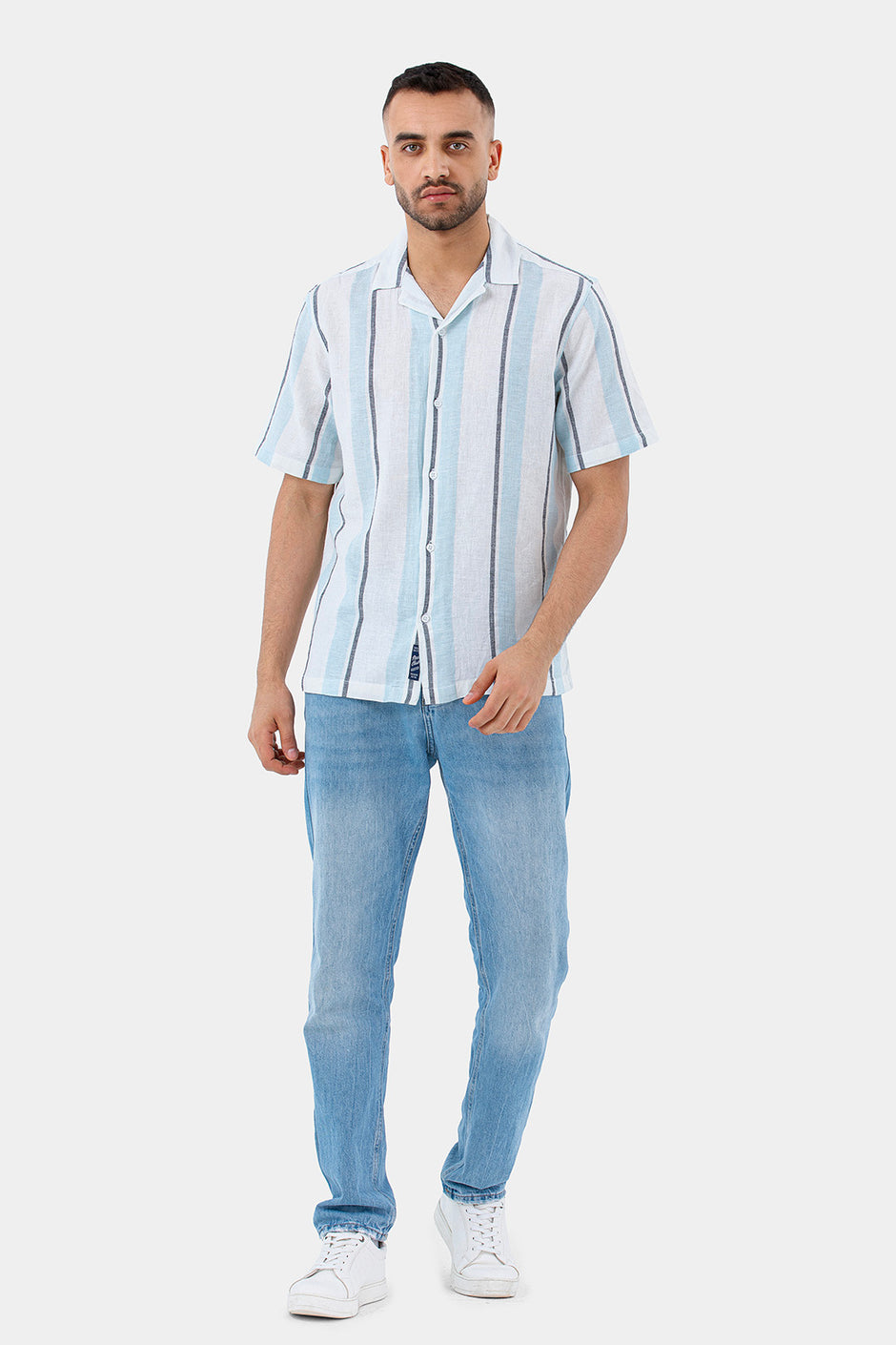 blue striped slim fit short sleeve shirt