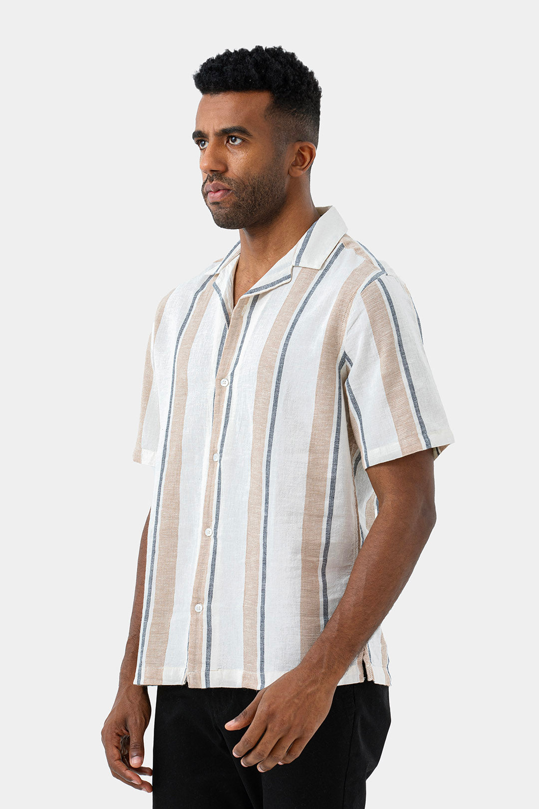 Beige Striped Slim Fit Short Sleeve Shirt
