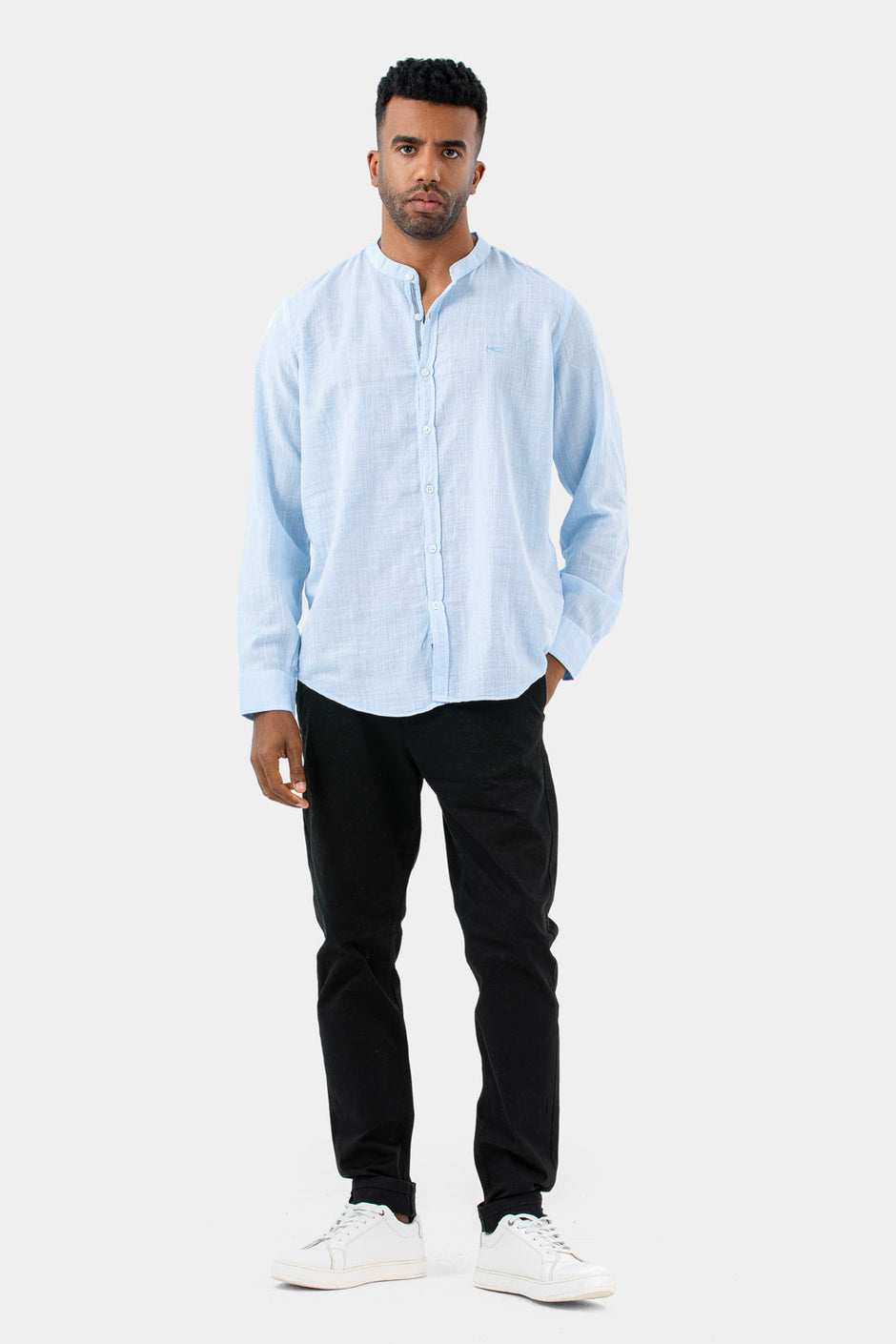 Sky Blue Mandarin Collar Slim Fit Shirt