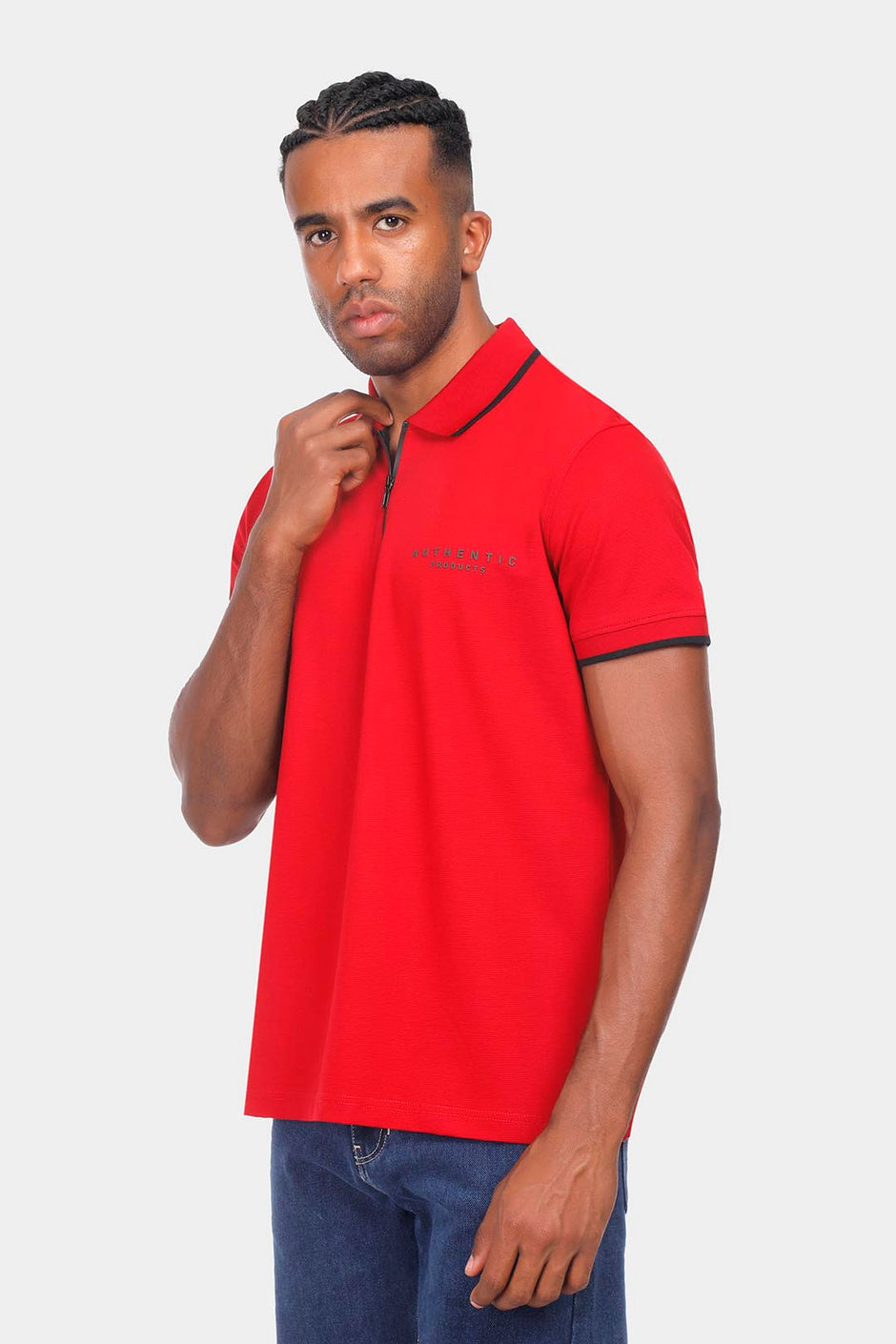 red zipper polo shirt