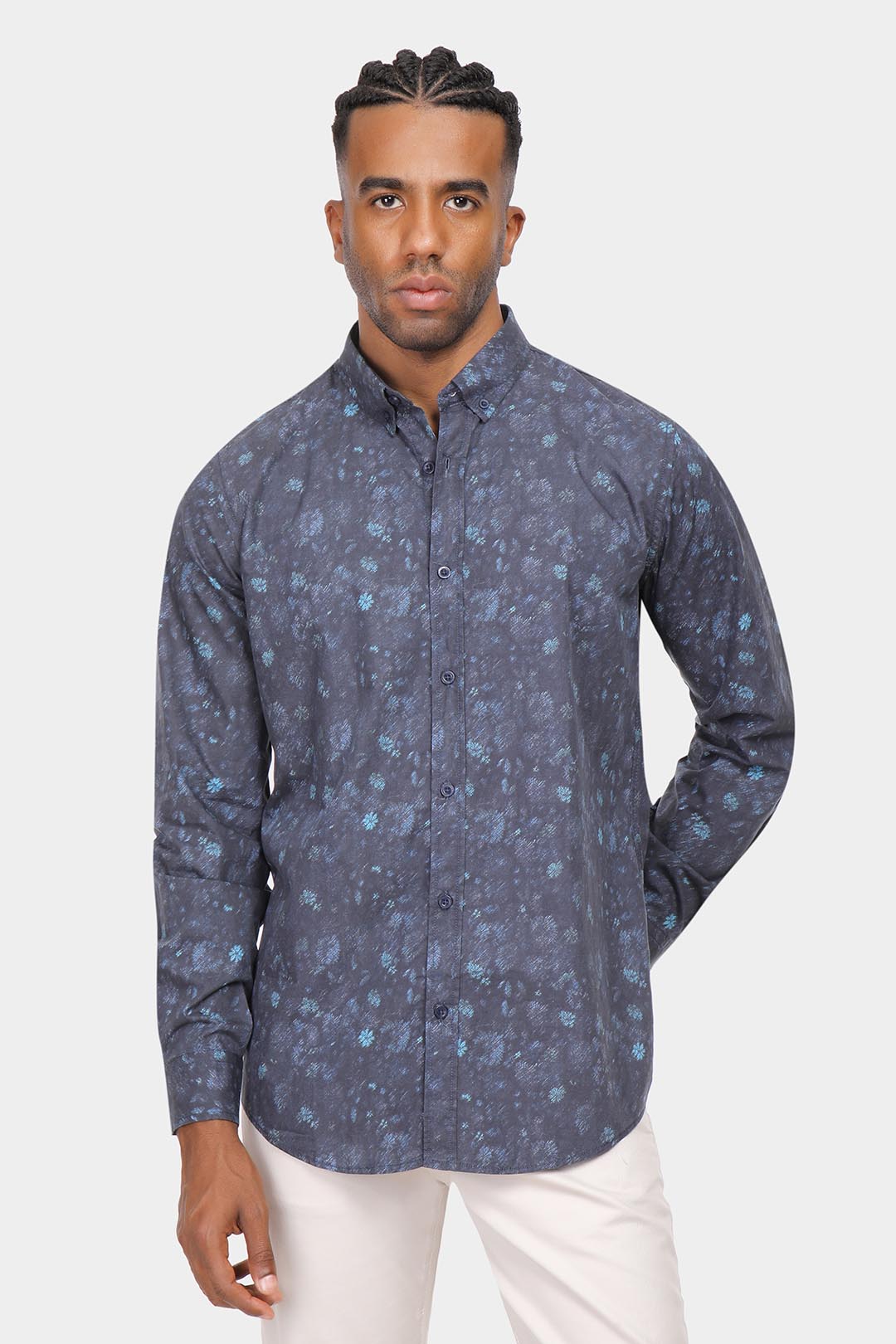 Navy Printed Slim Fit Shirt