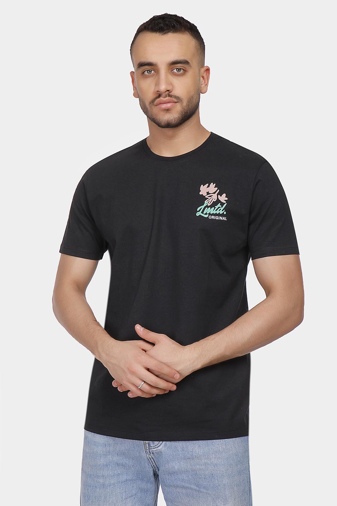 black printed crew neck t-shirt
