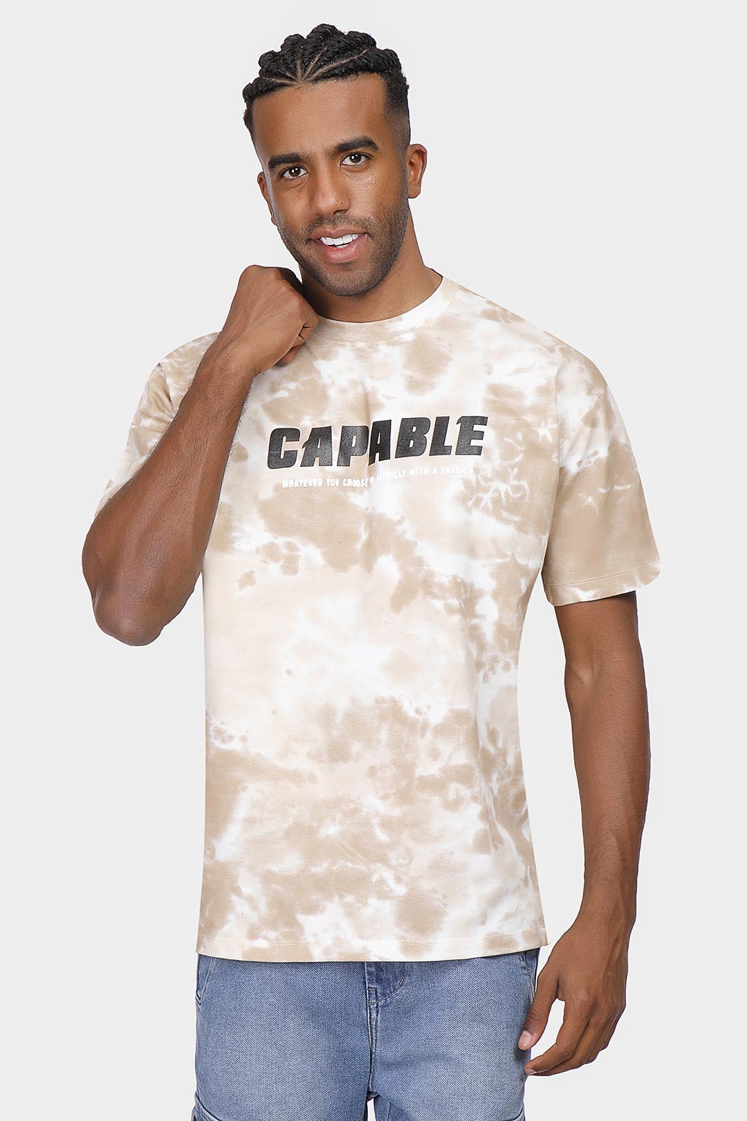 Beige Printed Crew Neck Over size T-Shirt