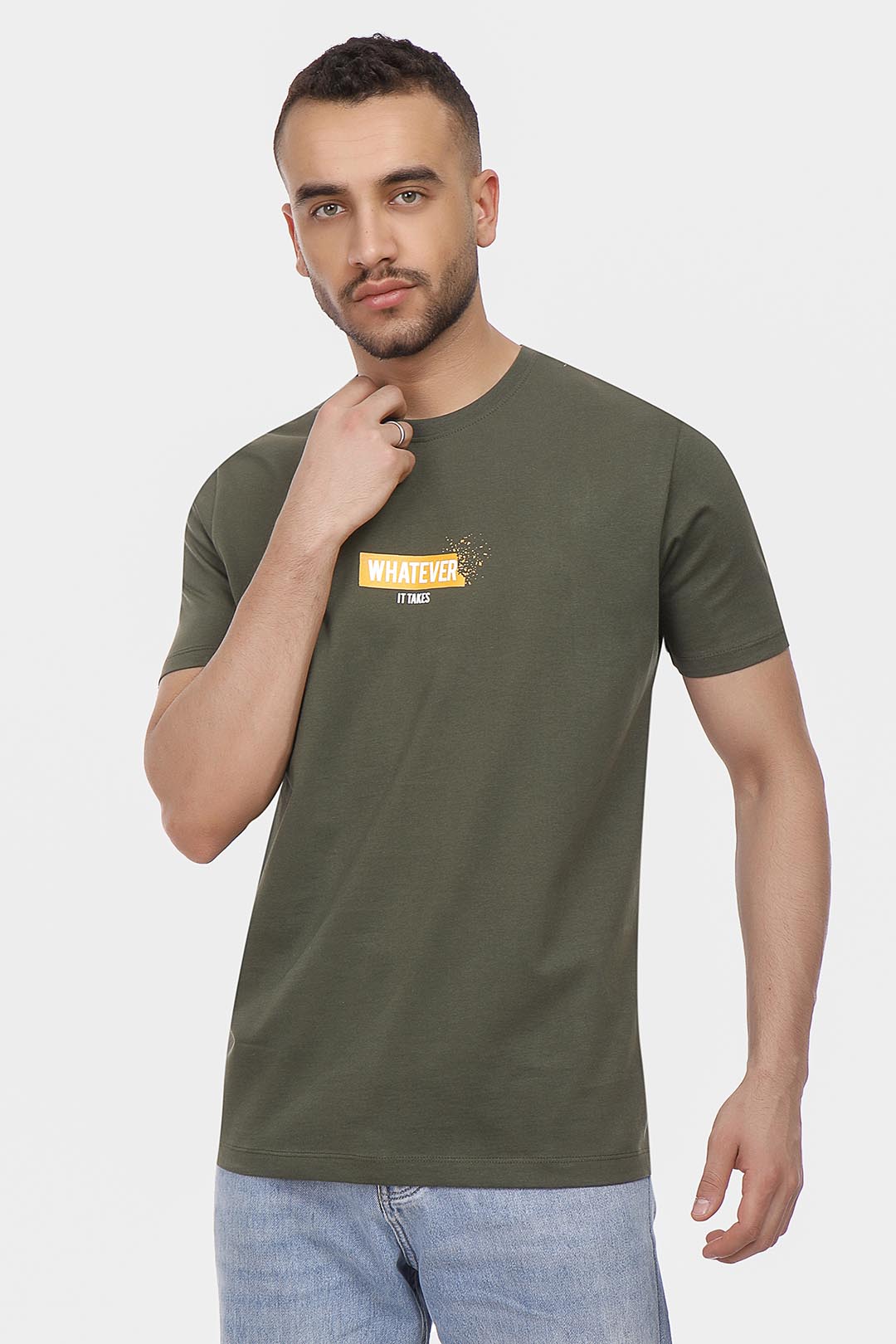Khaki Printed Crew Neck T-Shirt