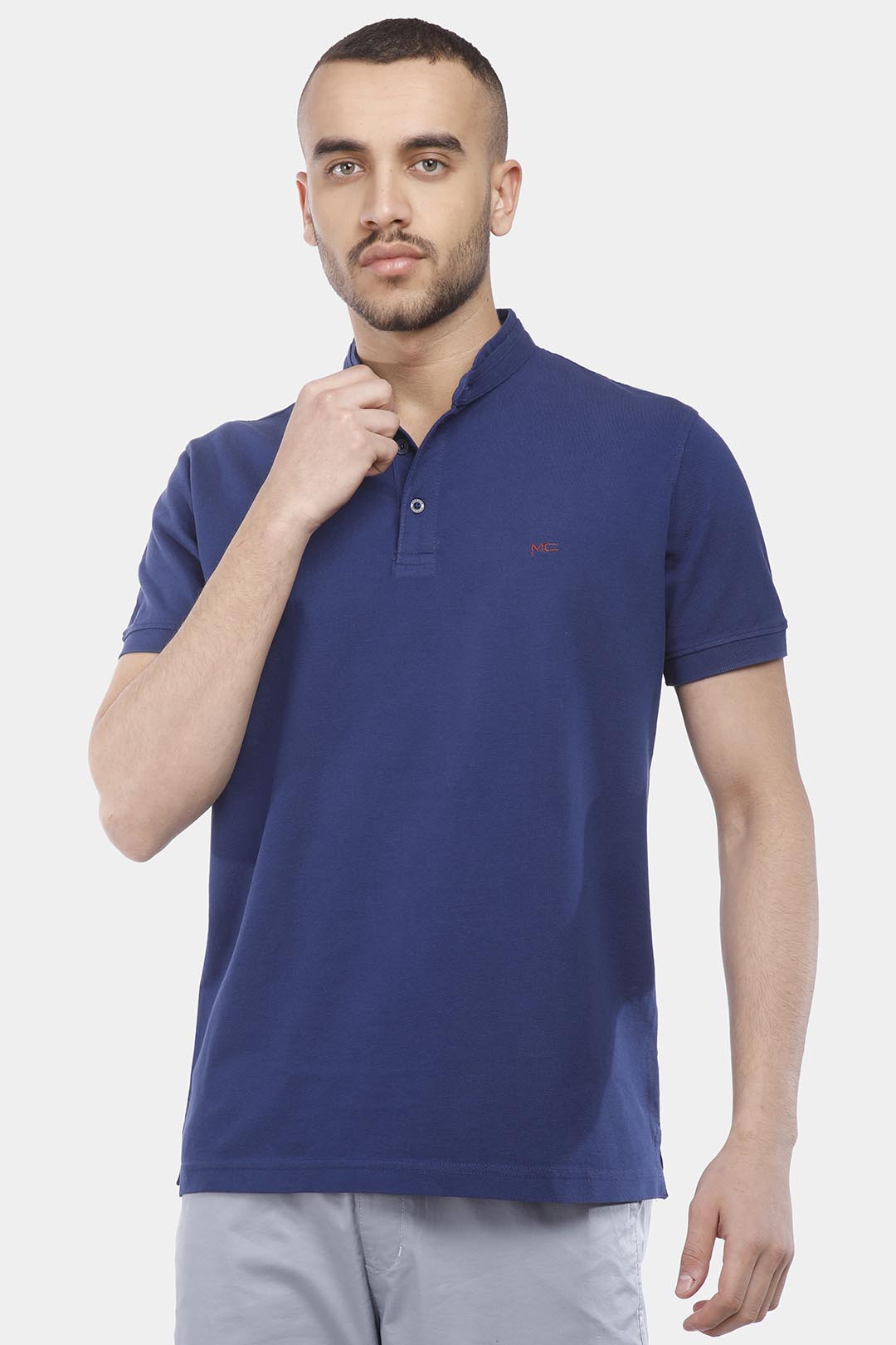 navy mandarin collar polo shirt