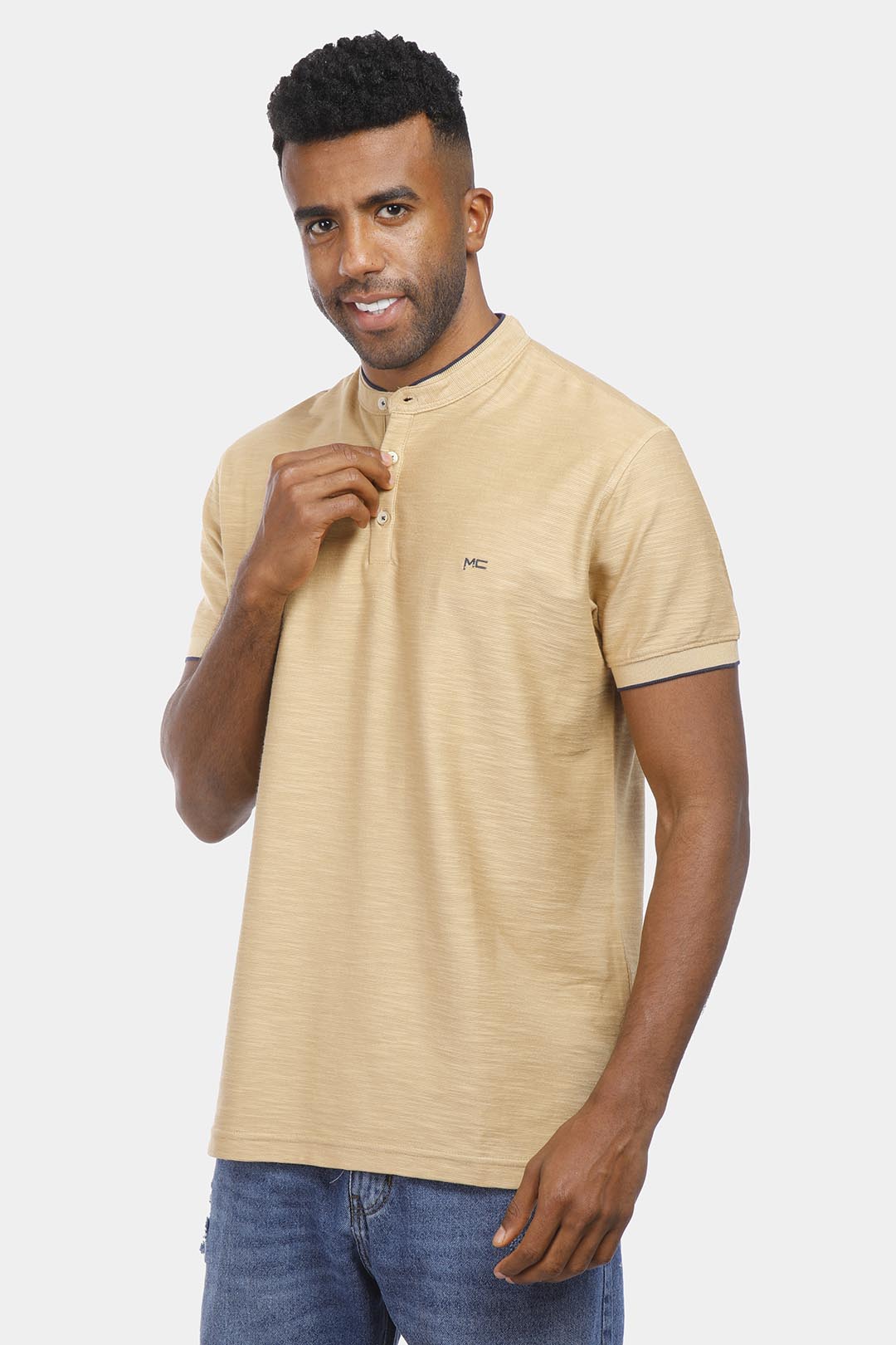 beige mandarin collar polo shirt