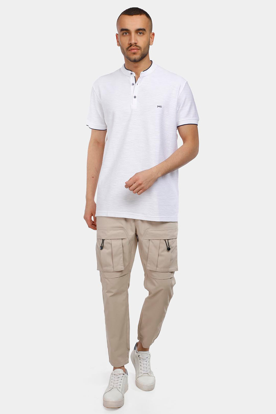 white mandarin collar polo shirt