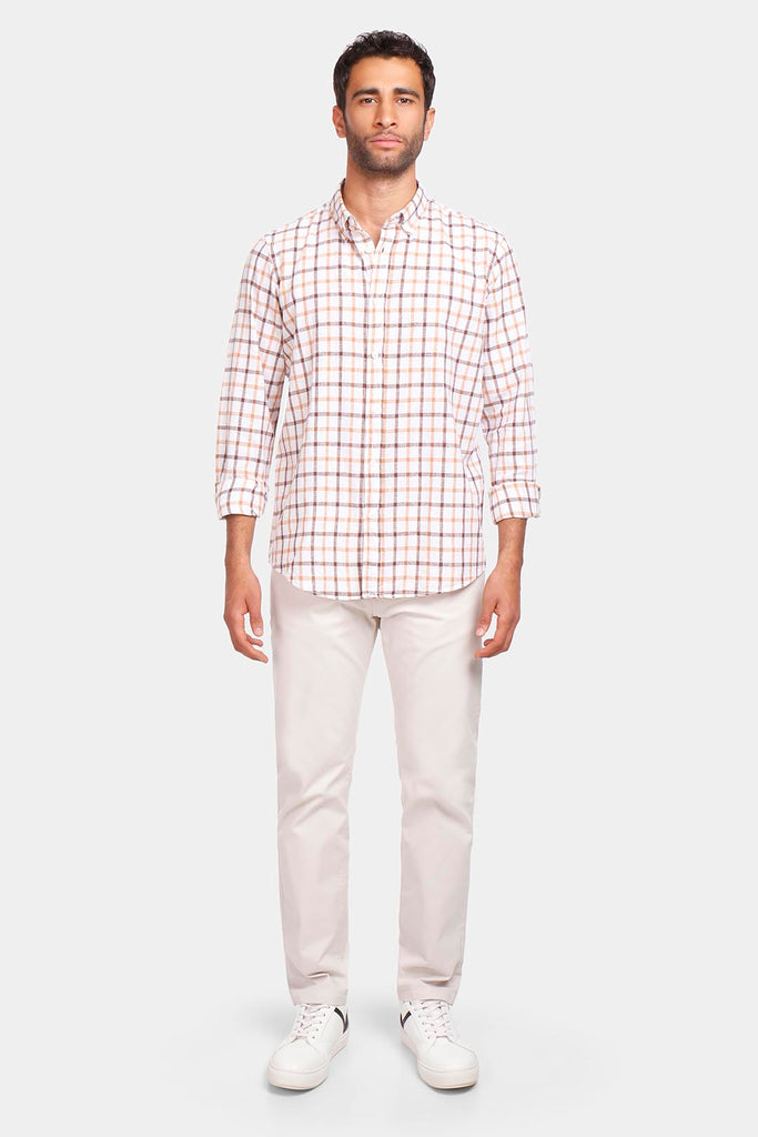 checked shirt brown summer linen out fit