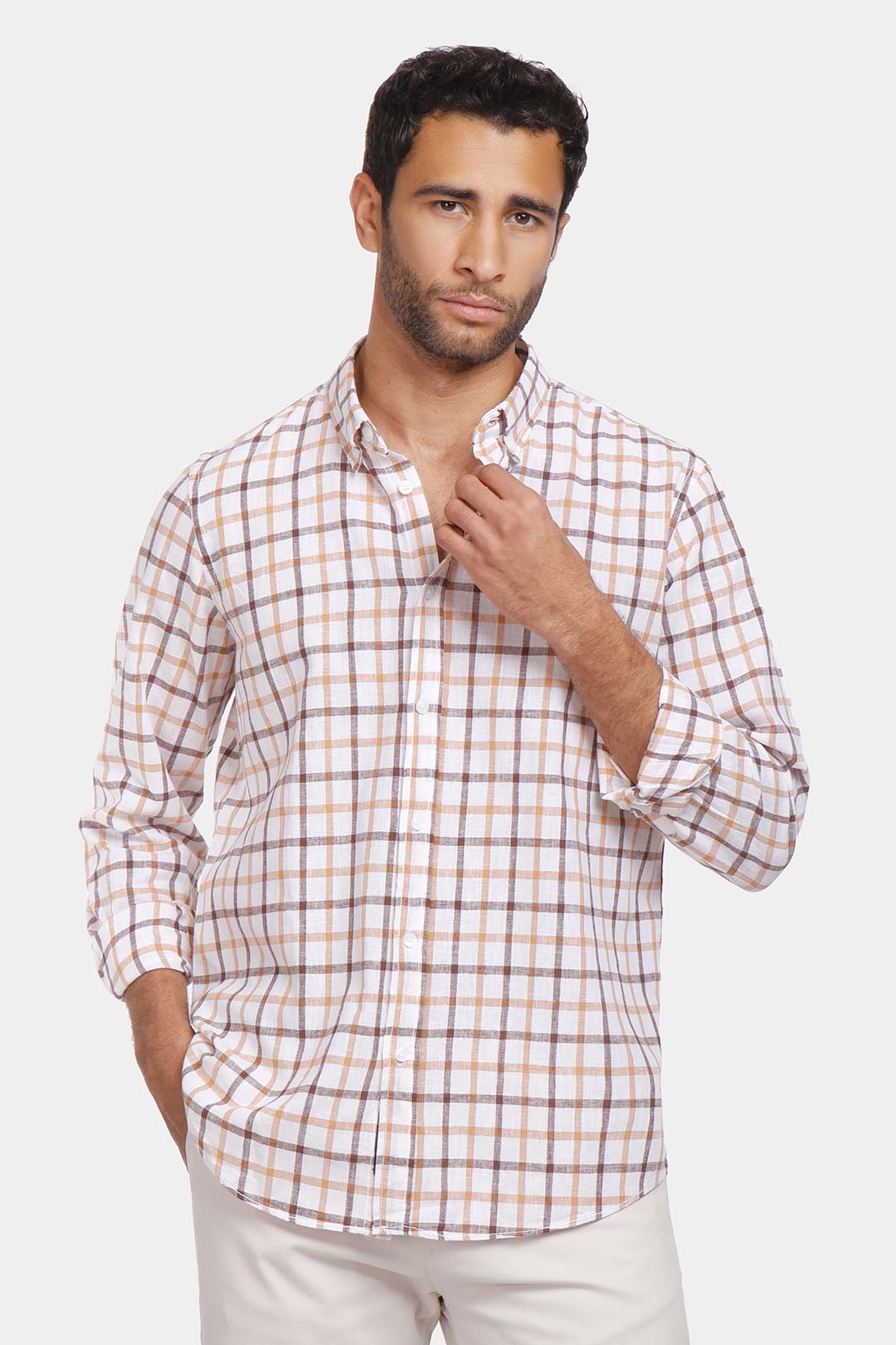 checked shirt brown summer linen