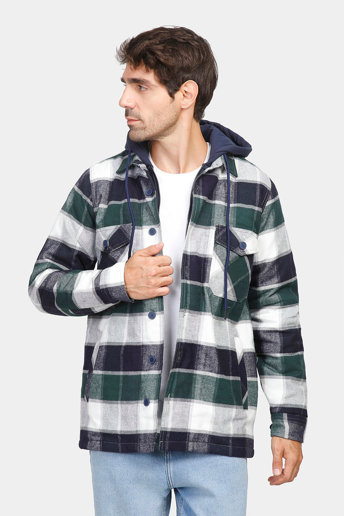 Navy Checked Hoodie Overshirt