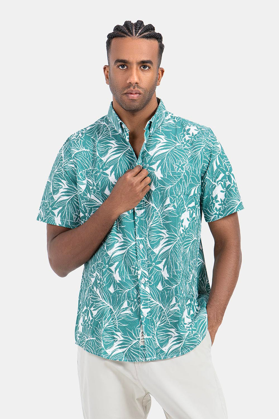 Green Patterned Short Sleeve Slim Fit Shirt