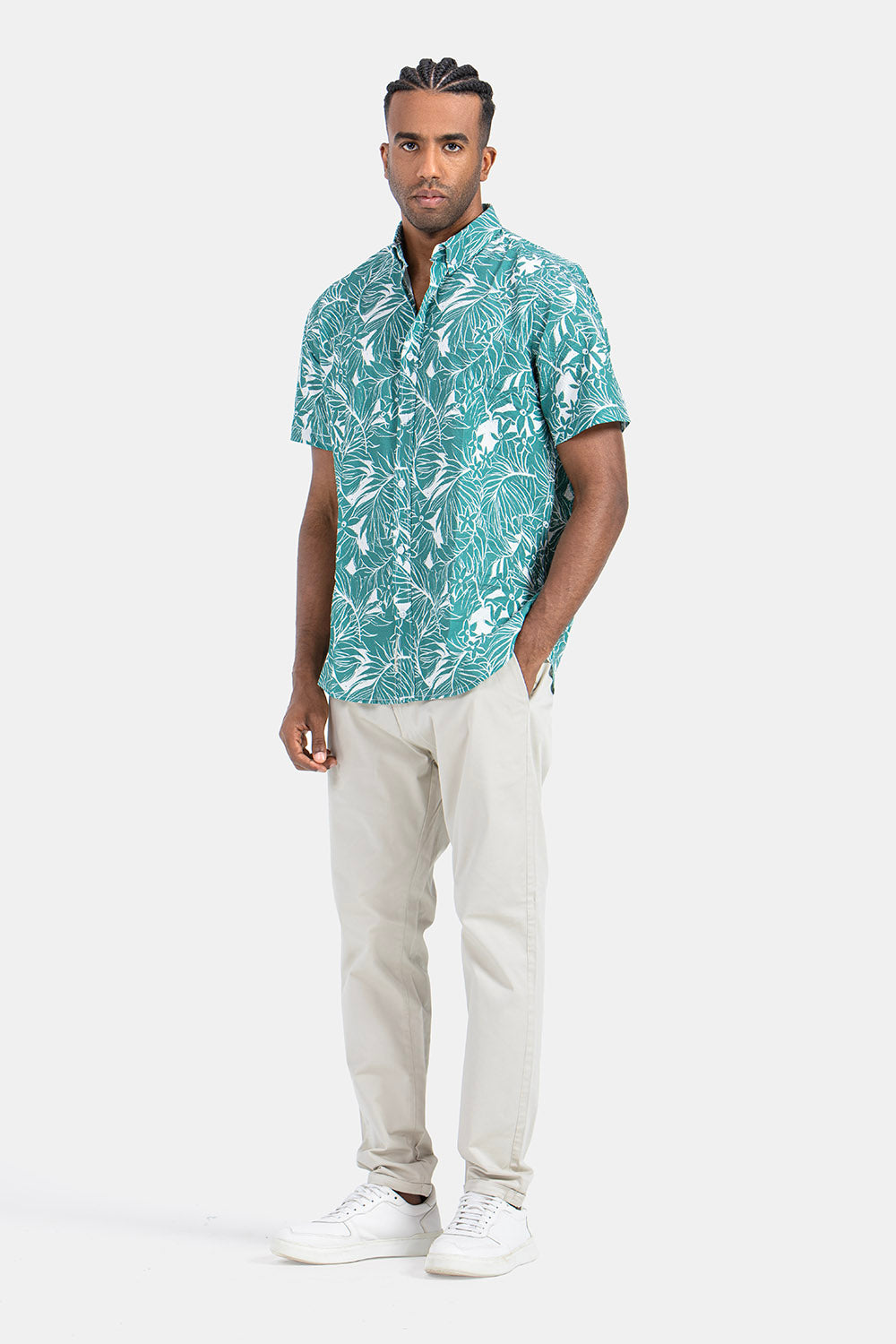 Green Patterned Short Sleeve Slim Fit Shirt