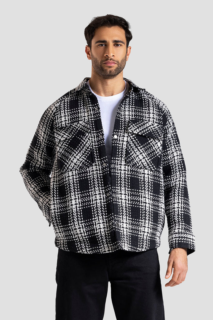 Black Checked Over Size Shirt Jacket