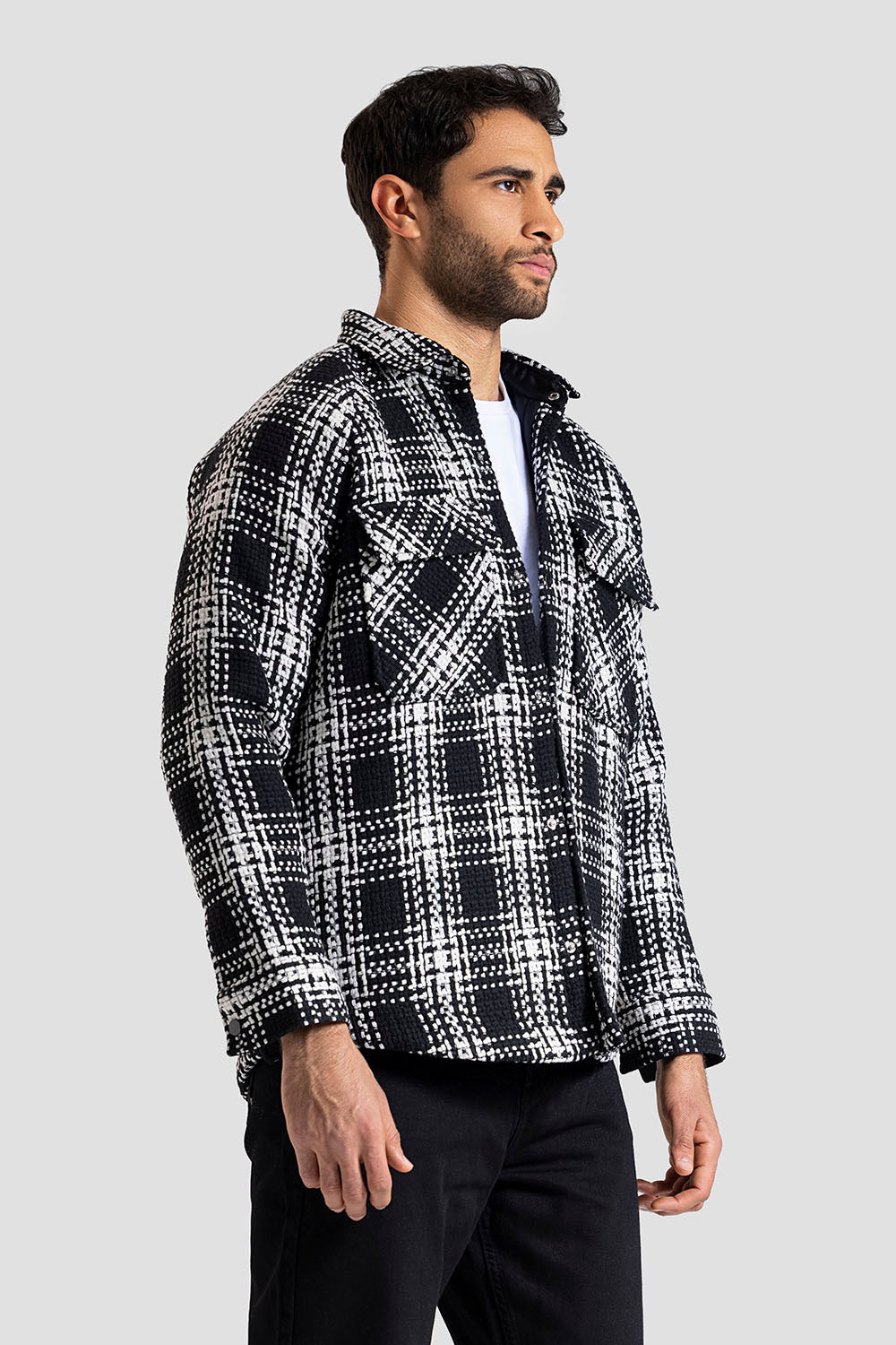 Black Checked Over Size Shirt Jacket