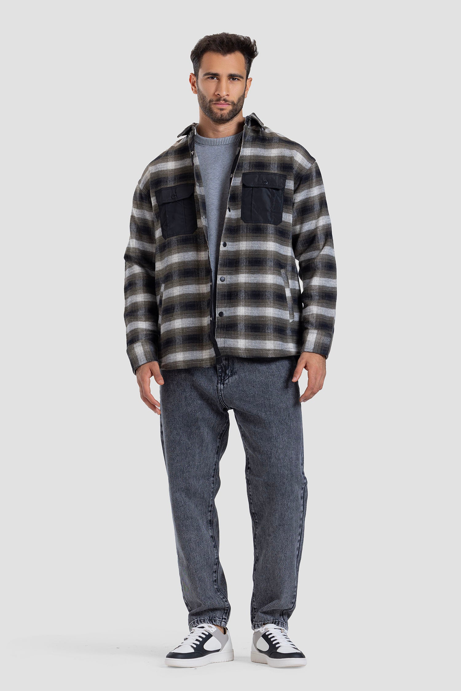 Navy Checked Over Size Shirt
