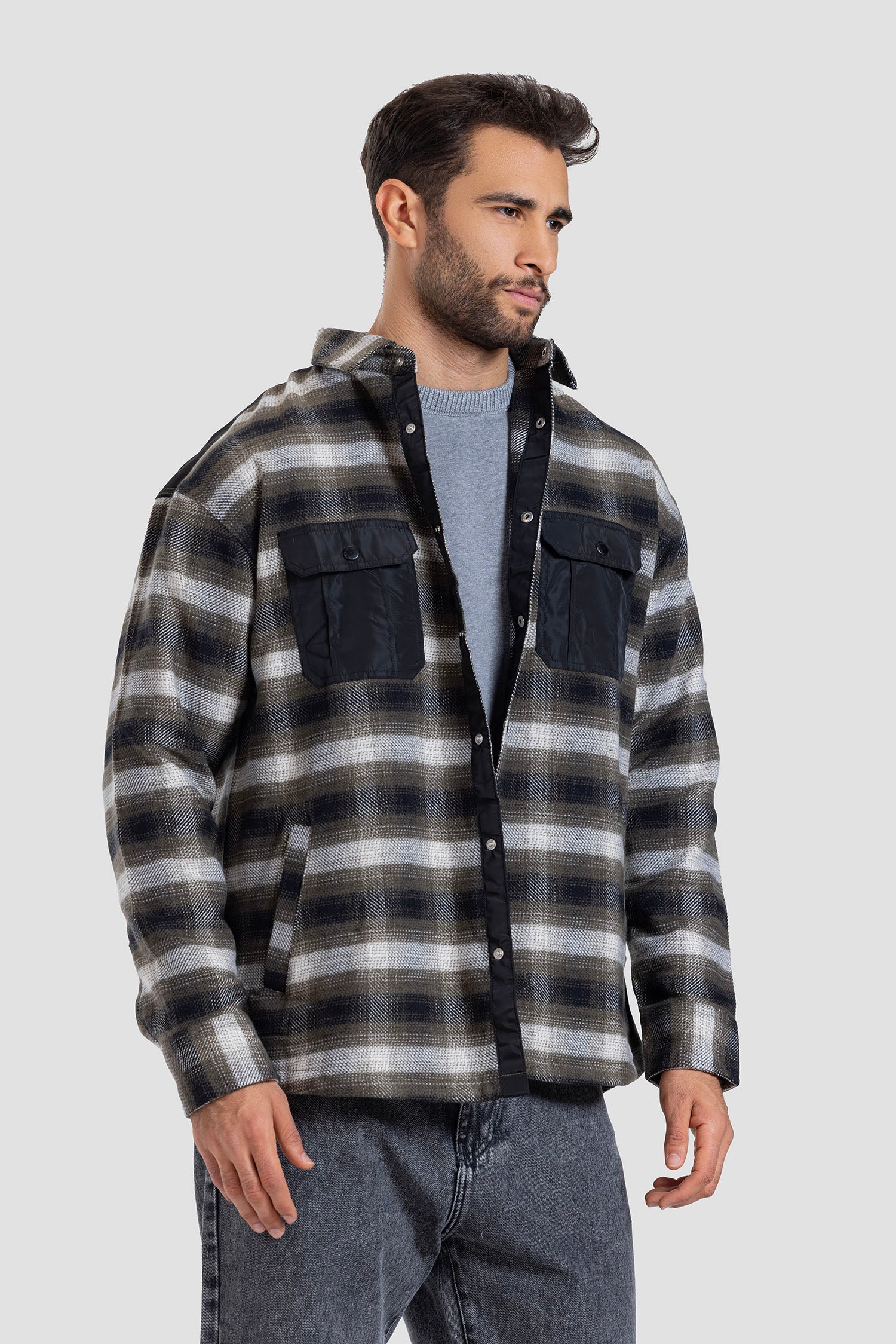 Navy Checked Over Size Shirt