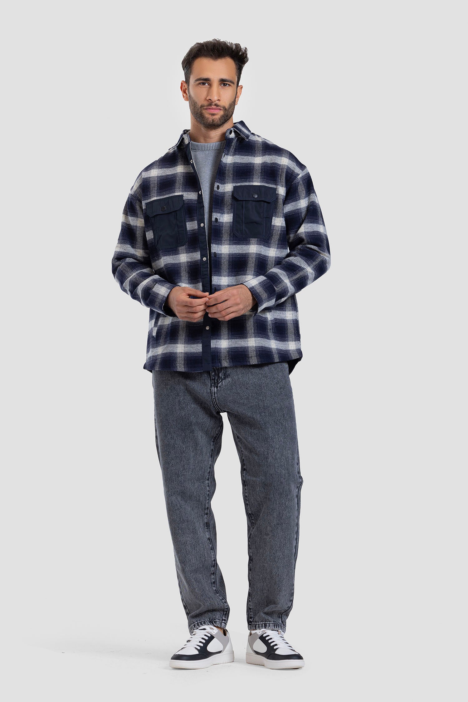 Navy Checked Over Size Shirt