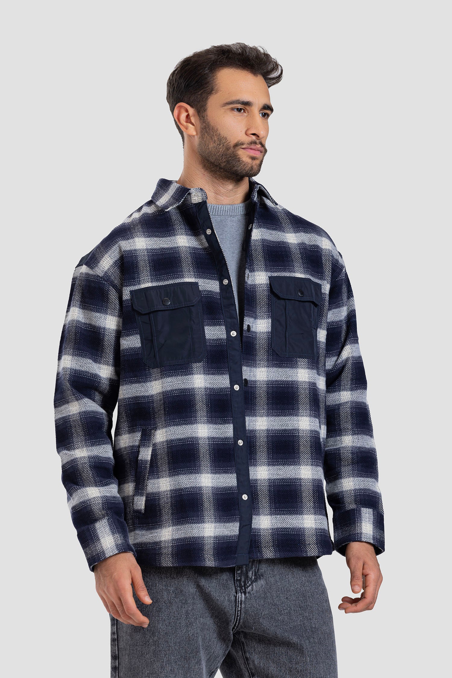 Navy Checked Over Size Shirt