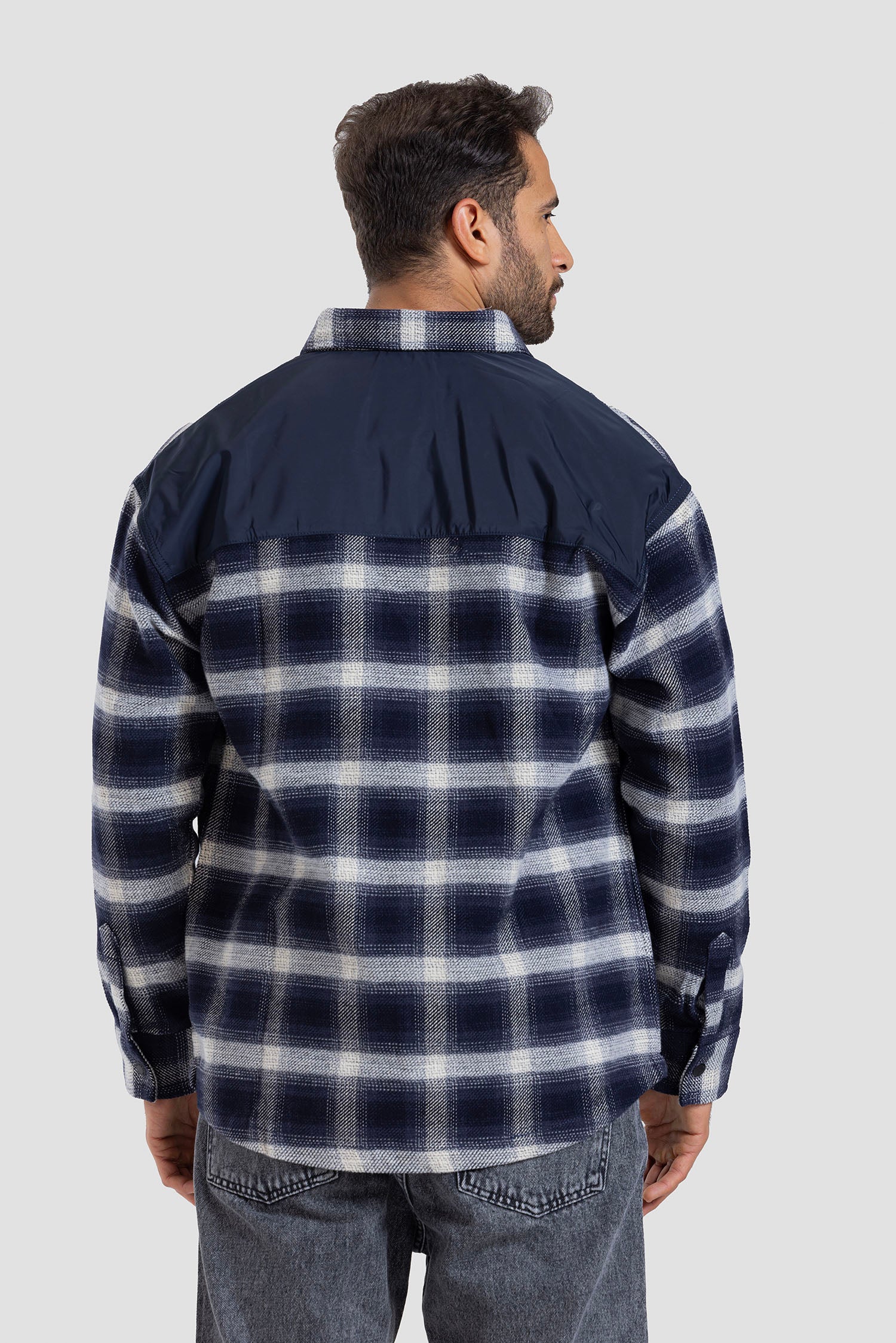 Navy Checked Over Size Shirt