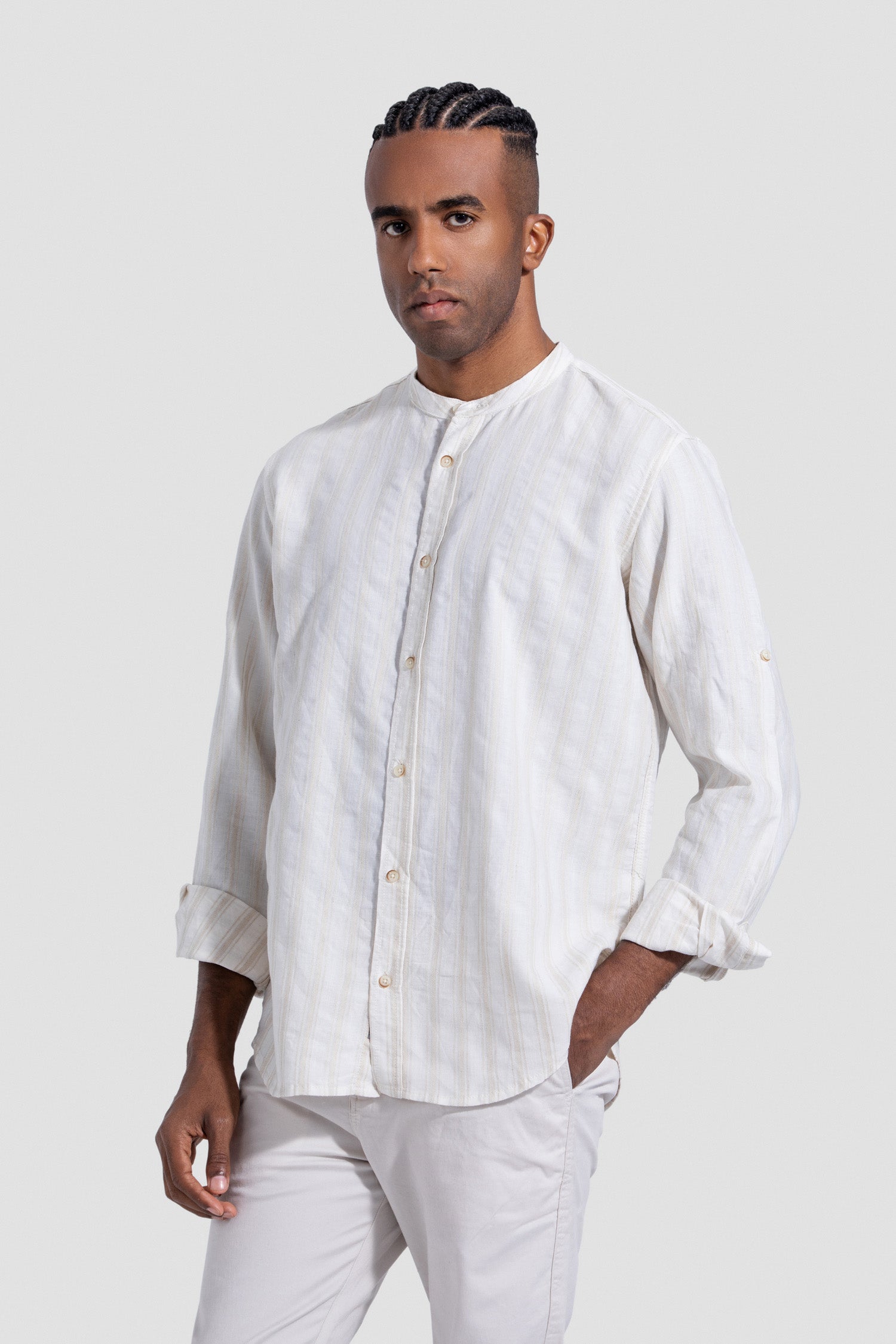 slim Fit Striped Mandarin Collar Shirt